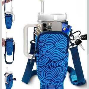 40oz Tumbler Carrier Bag w/Adjustable Strap & Pocket, Carabiner Clip For Stanley